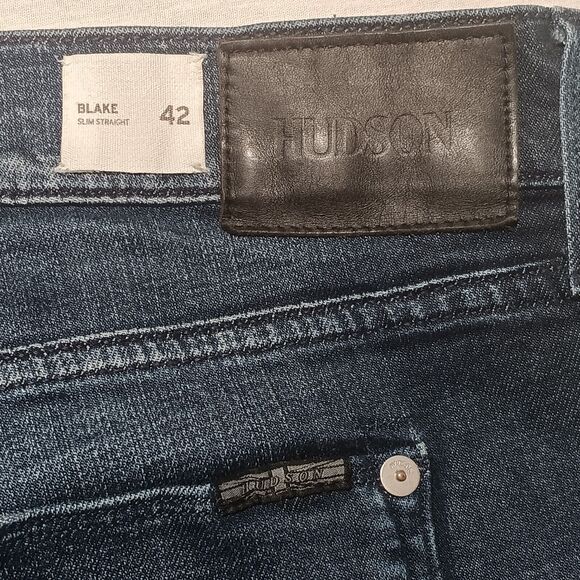 Hudson Men's 42x30 Blake Slim Straight Zip Fly Whiskering Denim Blue Jeans - Picture 6 of 7